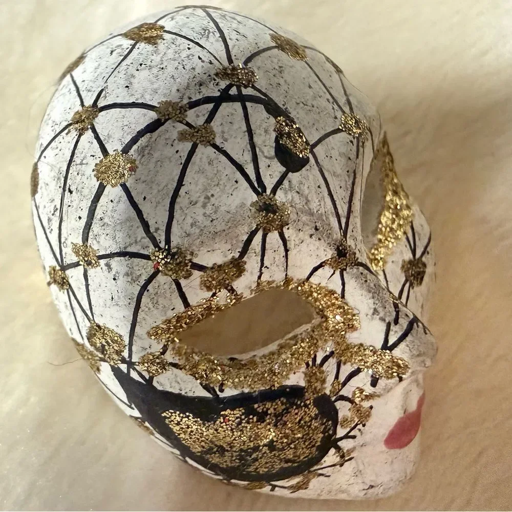 Hand-Painted Miniature Mask Brooch – Gold & Black Art Piece for Women